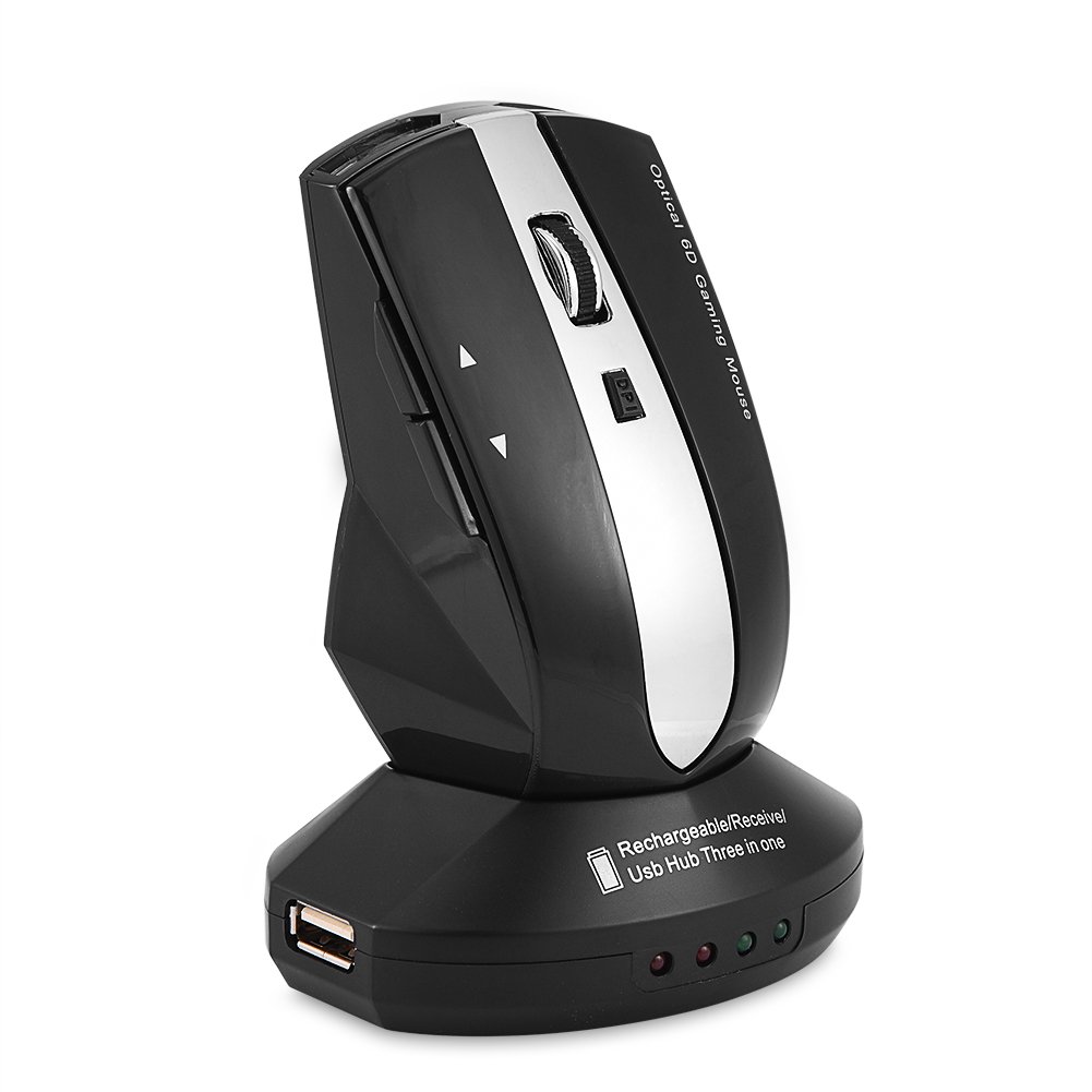 Ergonomic Design Wireless 2.4GHz Mouse USB Hub 3-Port Optical Mice Rechargeable Charging Dock Stand Adjustable DPI for Gaming Office (Black)