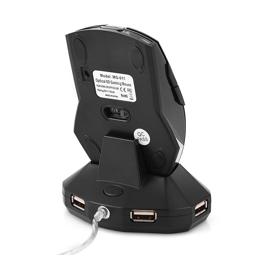 Ergonomic Design Wireless 2.4GHz Mouse USB Hub 3-Port Optical Mice Rechargeable Charging Dock Stand Adjustable DPI for Gaming Office (Black)