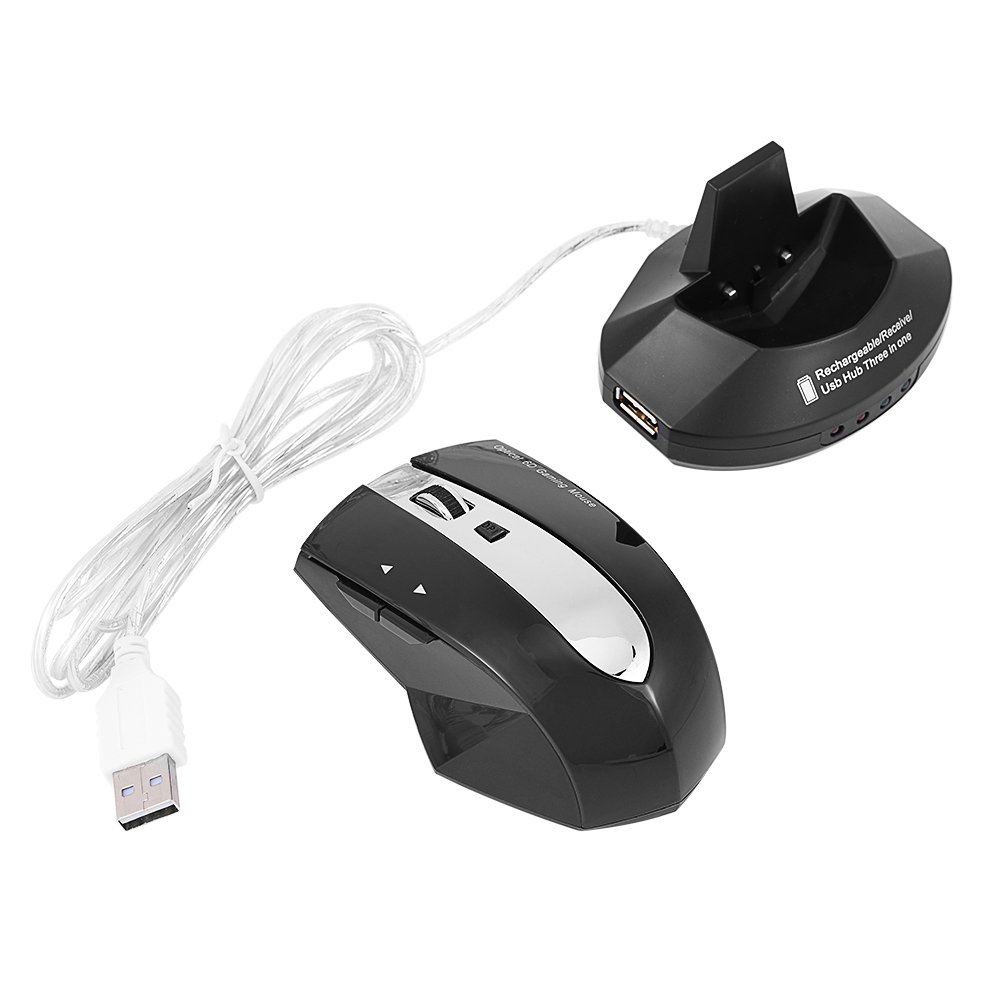 Ergonomic Design Wireless 2.4GHz Mouse USB Hub 3-Port Optical Mice Rechargeable Charging Dock Stand Adjustable DPI for Gaming Office (Black)