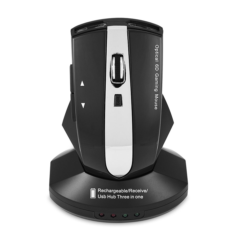 Ergonomic Design Wireless 2.4GHz Mouse USB Hub 3-Port Optical Mice Rechargeable Charging Dock Stand Adjustable DPI for Gaming Office (Black)