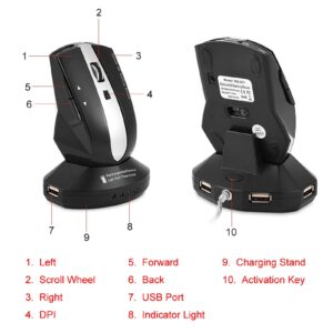 Ergonomic Design Wireless 2.4GHz Mouse USB Hub 3-Port Optical Mice Rechargeable Charging Dock Stand Adjustable DPI for Gaming Office (Black)