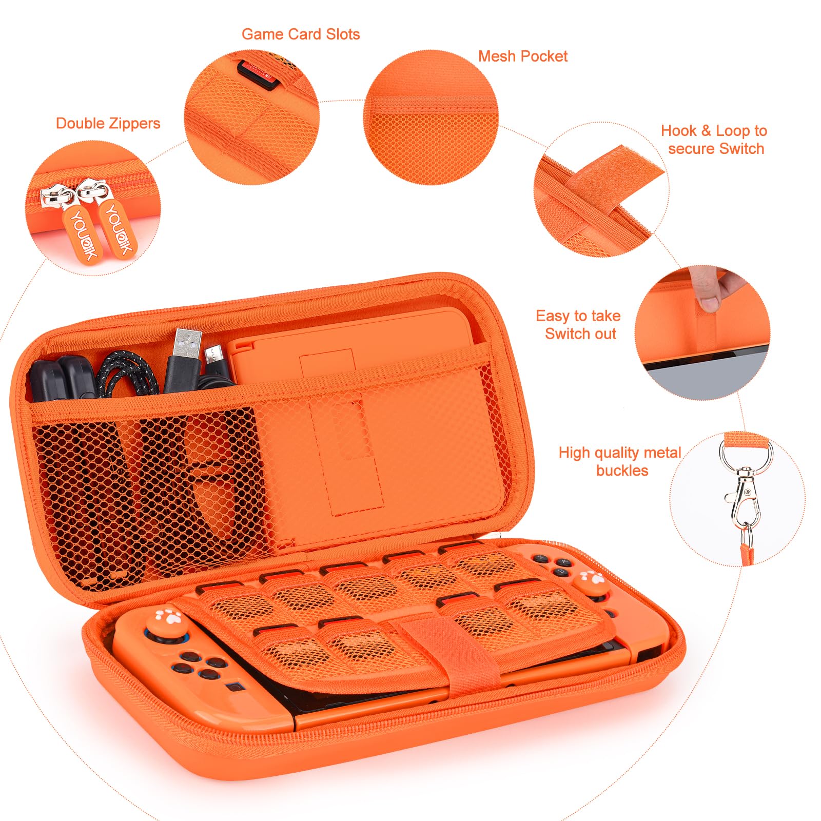 Younik Switch Accessories Bundle, 15 in 1 Orange Switch Accessories Kit for Girls Include Switch Carrying Case, Adjustable Stand, Protective Case for Switch Console & J-Con