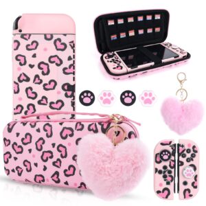 dlseego pink love leopard carrying case for switch oled, cute silicone protective soft cover with 4pcs thumb grip caps and pink plush heart pendant hard storage case accessories kit bundle for girls