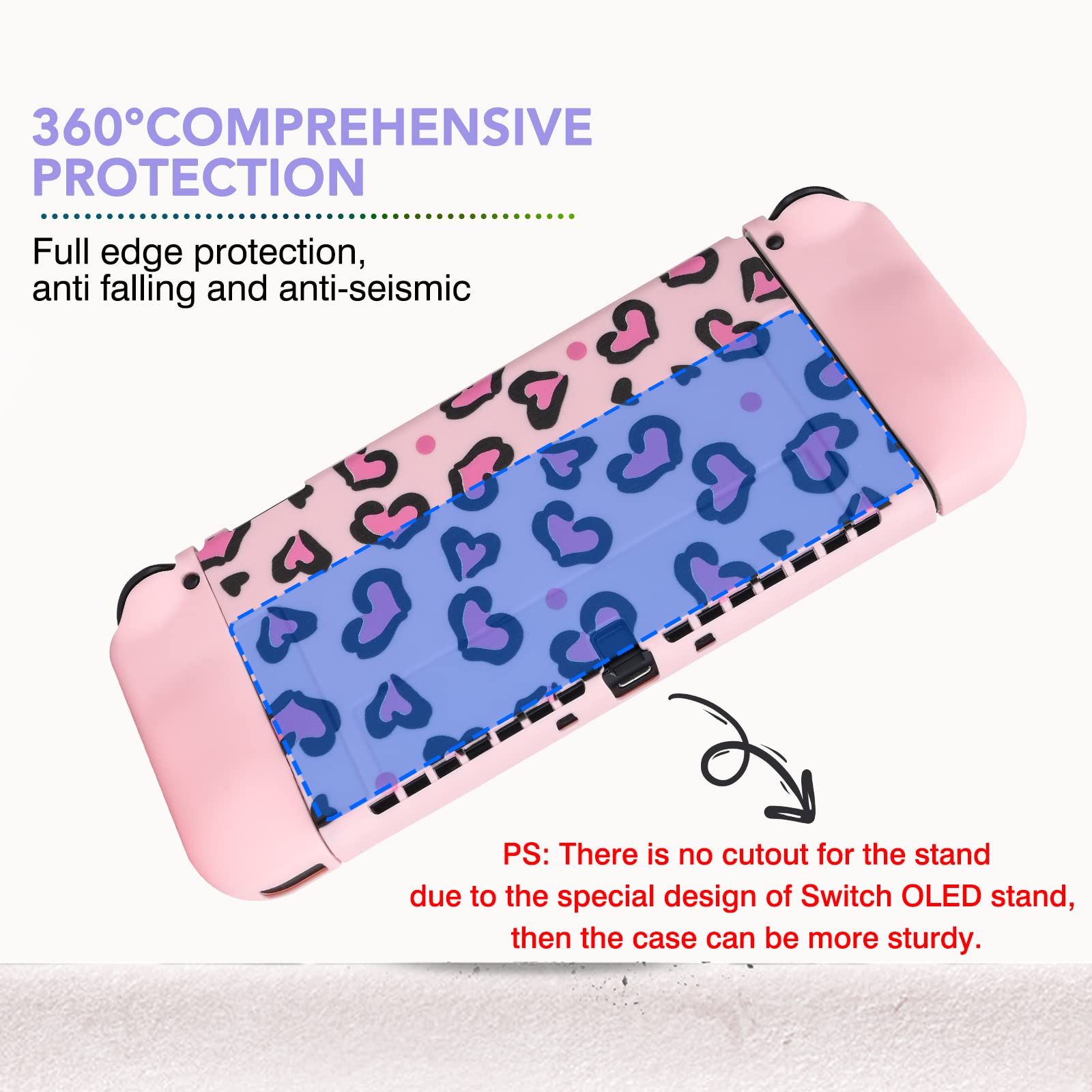 DLseego Pink Love Leopard Carrying Case for Switch OLED, Cute Silicone Protective Soft Cover with 4PCS Thumb Grip Caps and Pink Plush Heart Pendant Hard Storage Case Accessories Kit Bundle for Girls