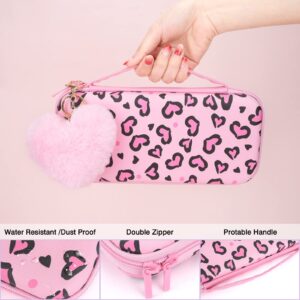 DLseego Pink Love Leopard Carrying Case for Switch OLED, Cute Silicone Protective Soft Cover with 4PCS Thumb Grip Caps and Pink Plush Heart Pendant Hard Storage Case Accessories Kit Bundle for Girls