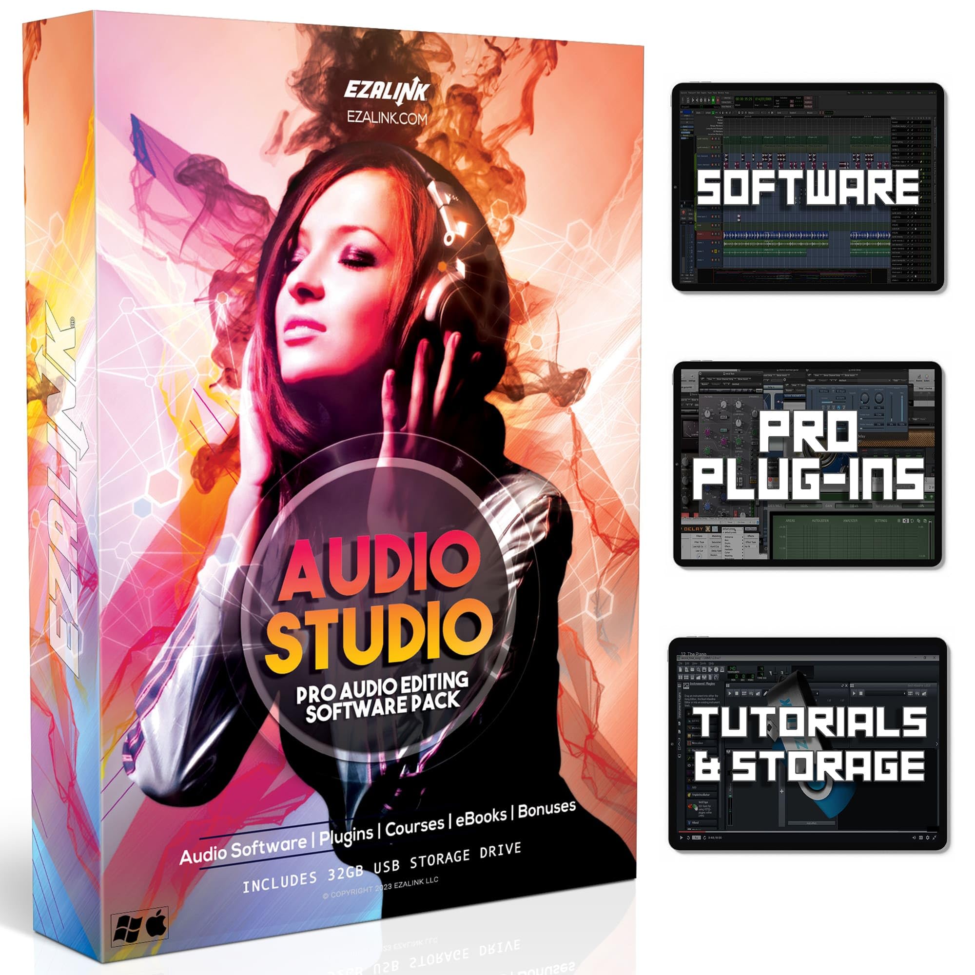 Audio Software Audacity and Professional DAW Music Podcast Editor, Recorder, Converter for Windows and Mac with Plug-ins, AI, Virtual Instruments | 32GB USB Bundle