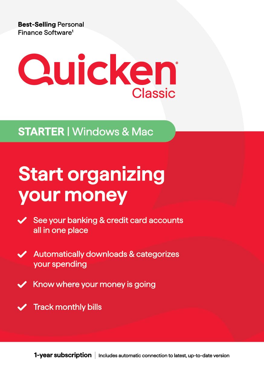 Quicken Classic Starter, Personal Finance Software - Start organizing your money - 1 Year Subscription (Windows/Mac) [Key Card]