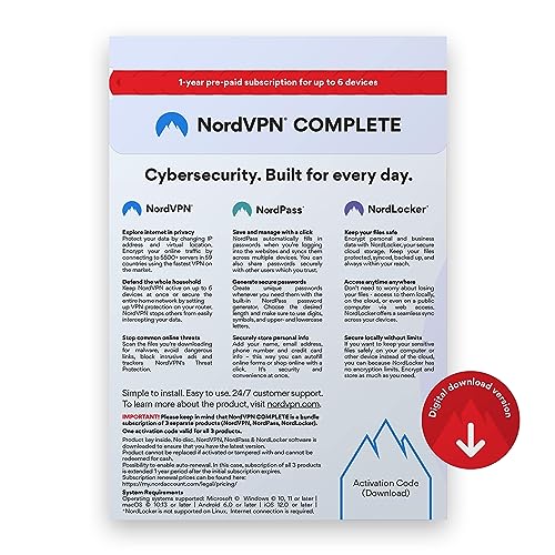 NordVPN Complete - 1-Year - VPN & Cybersecurity Software Bundle — Block Online Threats, Manage Passwords, and Store Files in Secure Cloud Storage - PC/Mac/Mobile [Online Code]