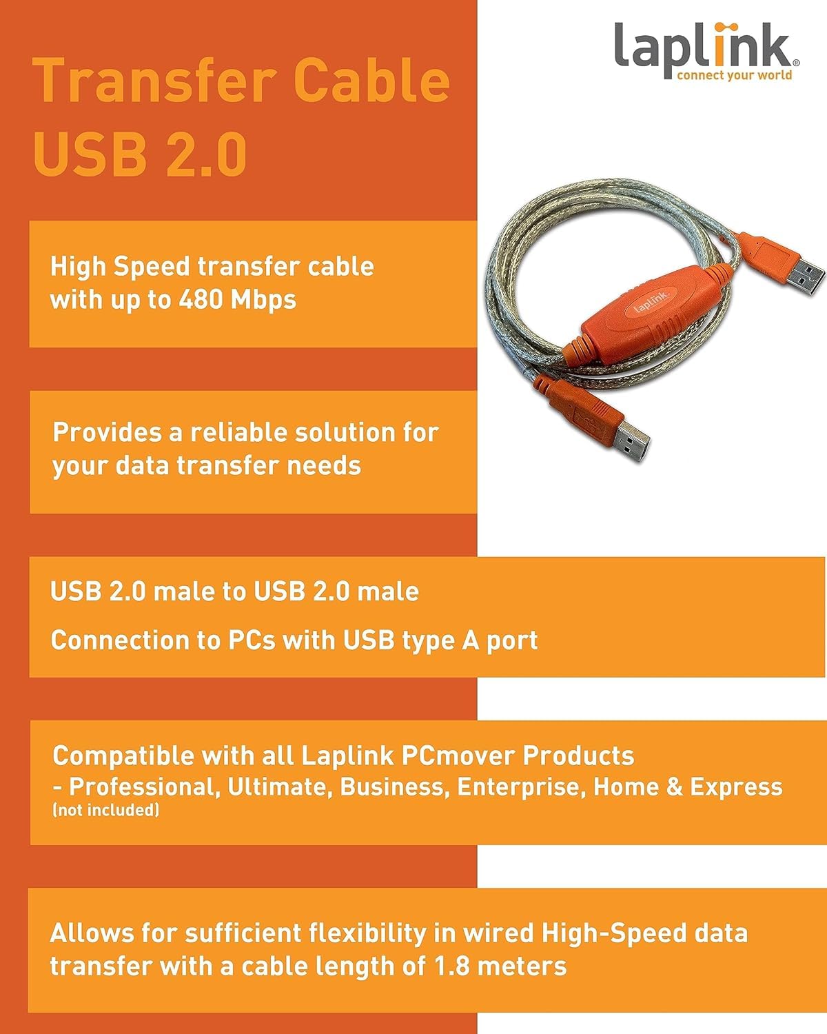 Laplink 6' USB 2.0 High-Speed Transfer Cable for PCmover