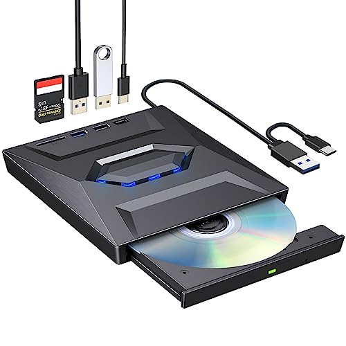 ROOFULL External CD/DVD Drive for Laptop USB 3.0 USB-C Portable CD Burner DVD Player CD/DVD-ROM +/-RW Disc Reader Writer with USB Port and SD Card Slot for Laptop PC Mac Windows 11/10 Linux Computer