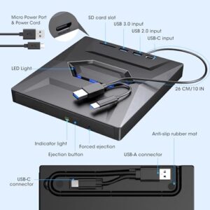 ROOFULL External CD/DVD Drive for Laptop USB 3.0 USB-C Portable CD Burner DVD Player CD/DVD-ROM +/-RW Disc Reader Writer with USB Port and SD Card Slot for Laptop PC Mac Windows 11/10 Linux Computer