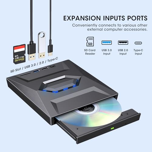 ROOFULL External CD/DVD Drive for Laptop USB 3.0 USB-C Portable CD Burner DVD Player CD/DVD-ROM +/-RW Disc Reader Writer with USB Port and SD Card Slot for Laptop PC Mac Windows 11/10 Linux Computer