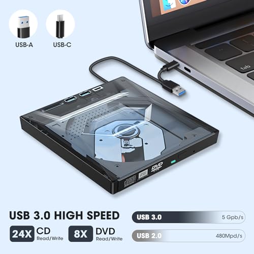 ROOFULL External CD/DVD Drive for Laptop USB 3.0 USB-C Portable CD Burner DVD Player CD/DVD-ROM +/-RW Disc Reader Writer with USB Port and SD Card Slot for Laptop PC Mac Windows 11/10 Linux Computer