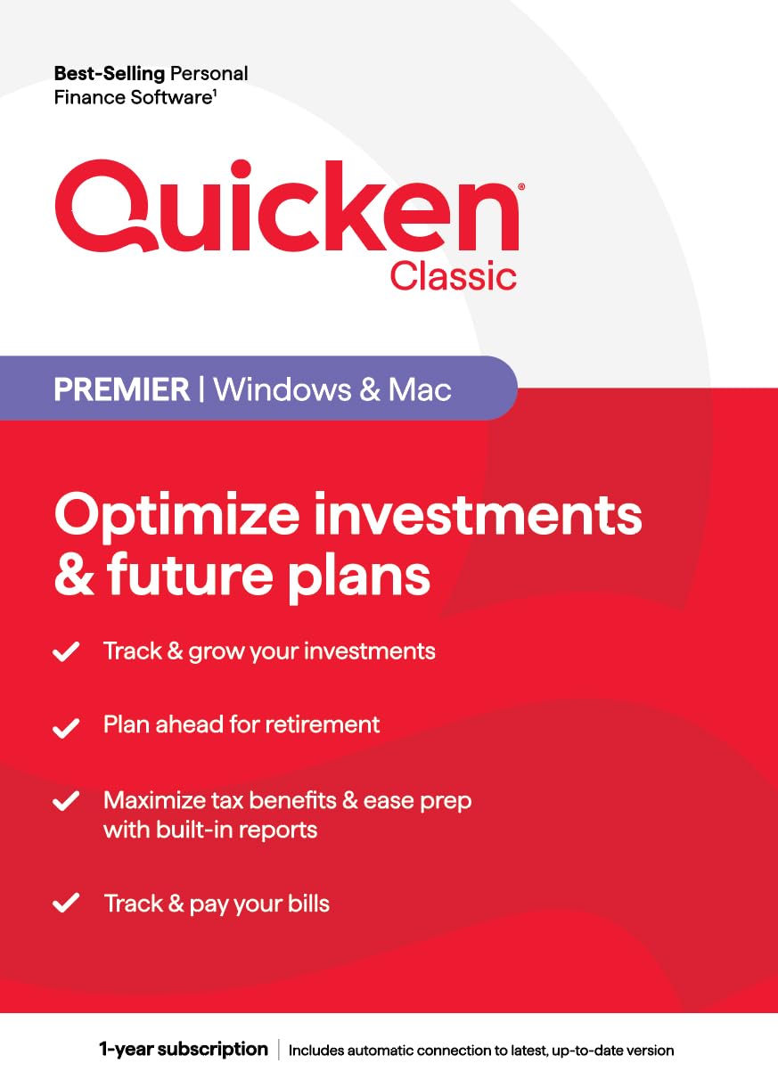 Quicken Classic Premier, Personal Finance Software - Optimize investments & future plans - 1 Year Subscription (Windows/Mac) [Key Card]