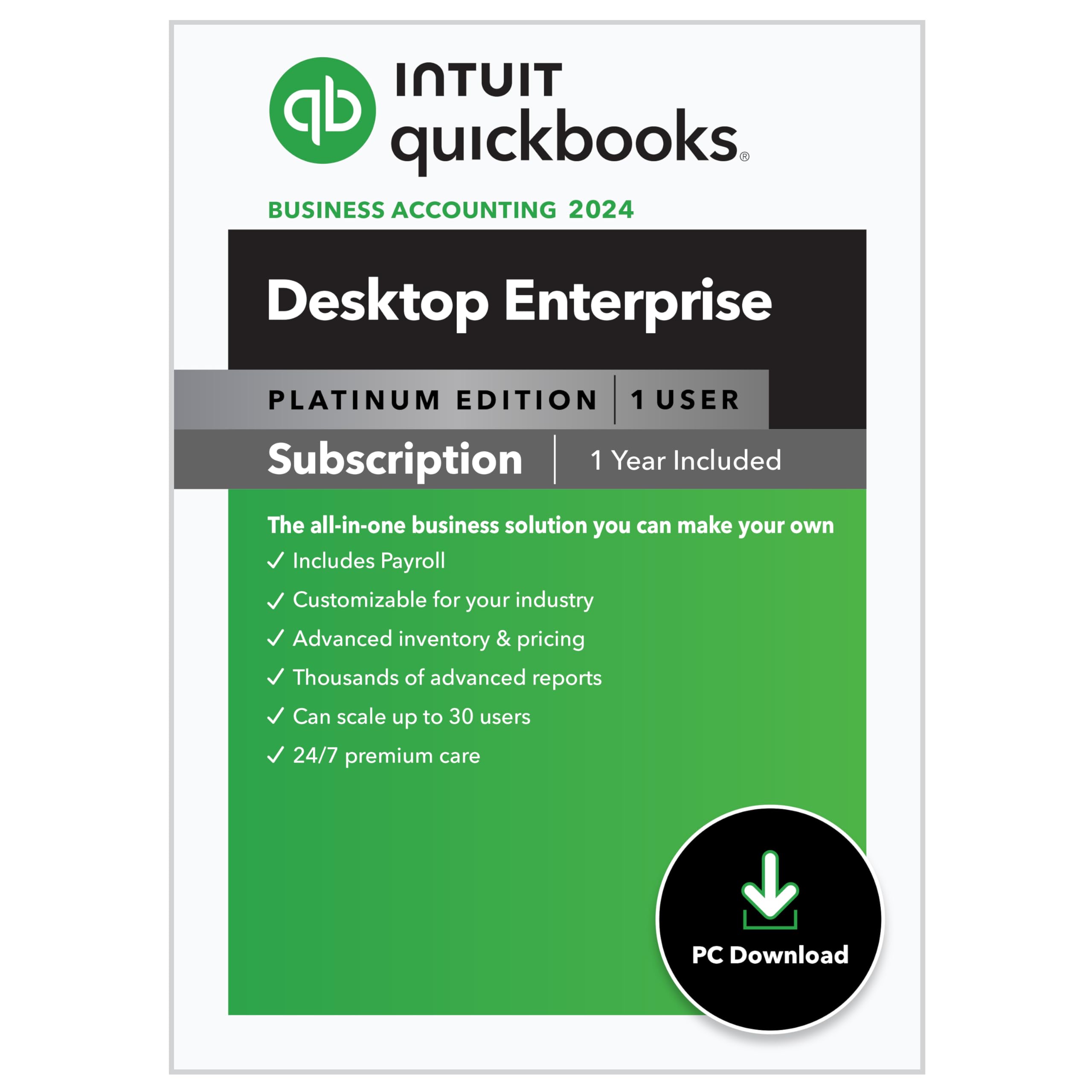 Intuit QuickBooks Desktop Enterprise Platinum 2024 1 User, 1-Year Subscription [PC Download]