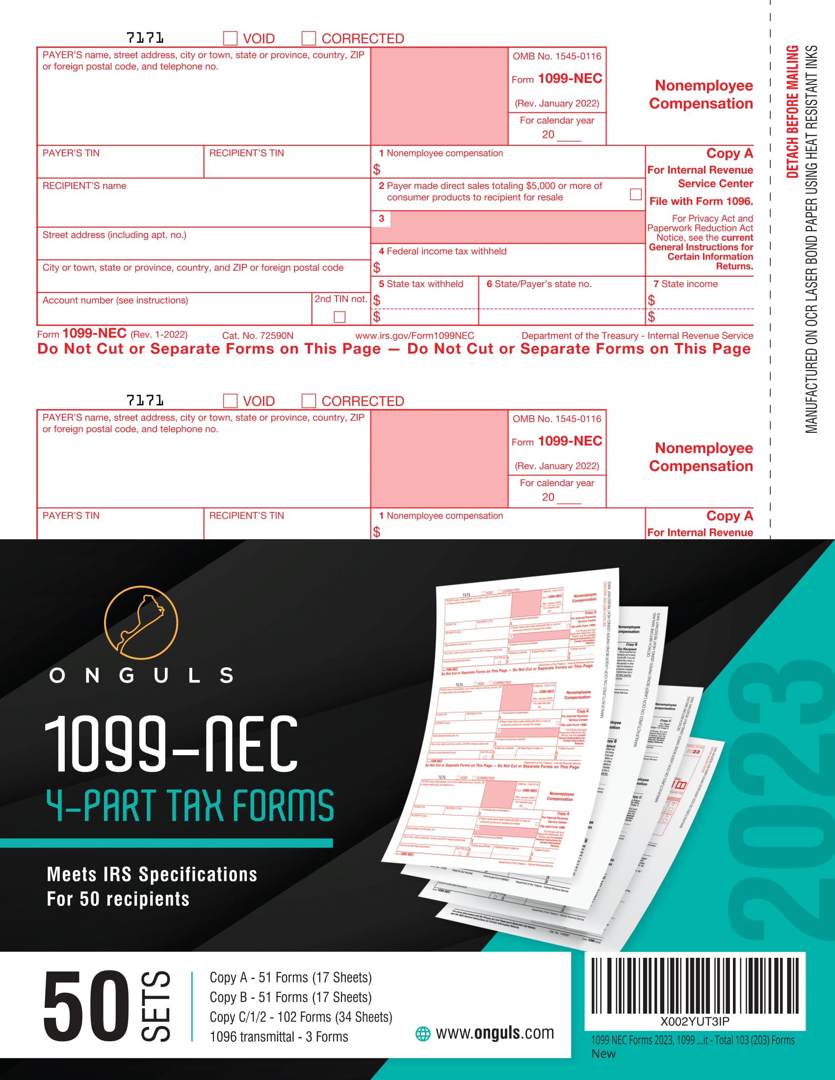 1099 NEC Forms 2023, 1099 NEC Laser Forms IRS Approved Designed for Quickbooks and Accounting Software 2023, 4 Part Tax Forms Kit, 50 Vendor Kit - Total 71 (207) Forms