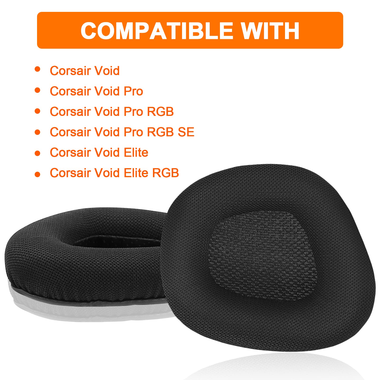 Replacement Ear Pads Cushions for Corsair Void & Corsair Void PRO RGB Wired/Wireless Gaming Headsets with Black Mesh Fabric, Memory Foam