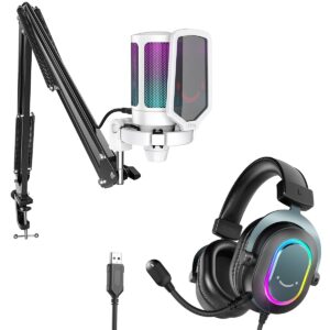 FIFINE Streaming Gaming RGB USB Microphone Headset Bundle, PC Condenser Mic Wired Headset on PS4/PS5, Gamer Kit Plug and Play for Music Recording, Online Game, Discord, Twitch-White (A6TW+H6)