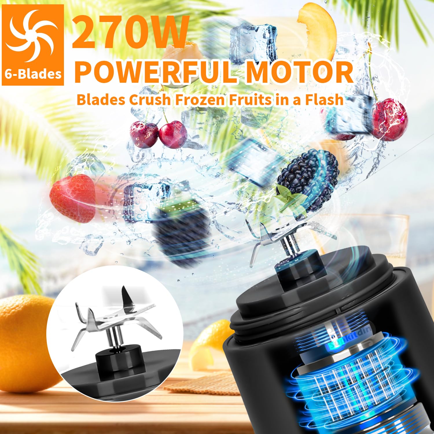 Portable Blender,Personal Size Blender for Shakes and Smoothies with 6 Blades,20 Oz Mini fresh juicer Blender Cup USB rechargeable with Travel Lid for Home,Office & Gym (Black)