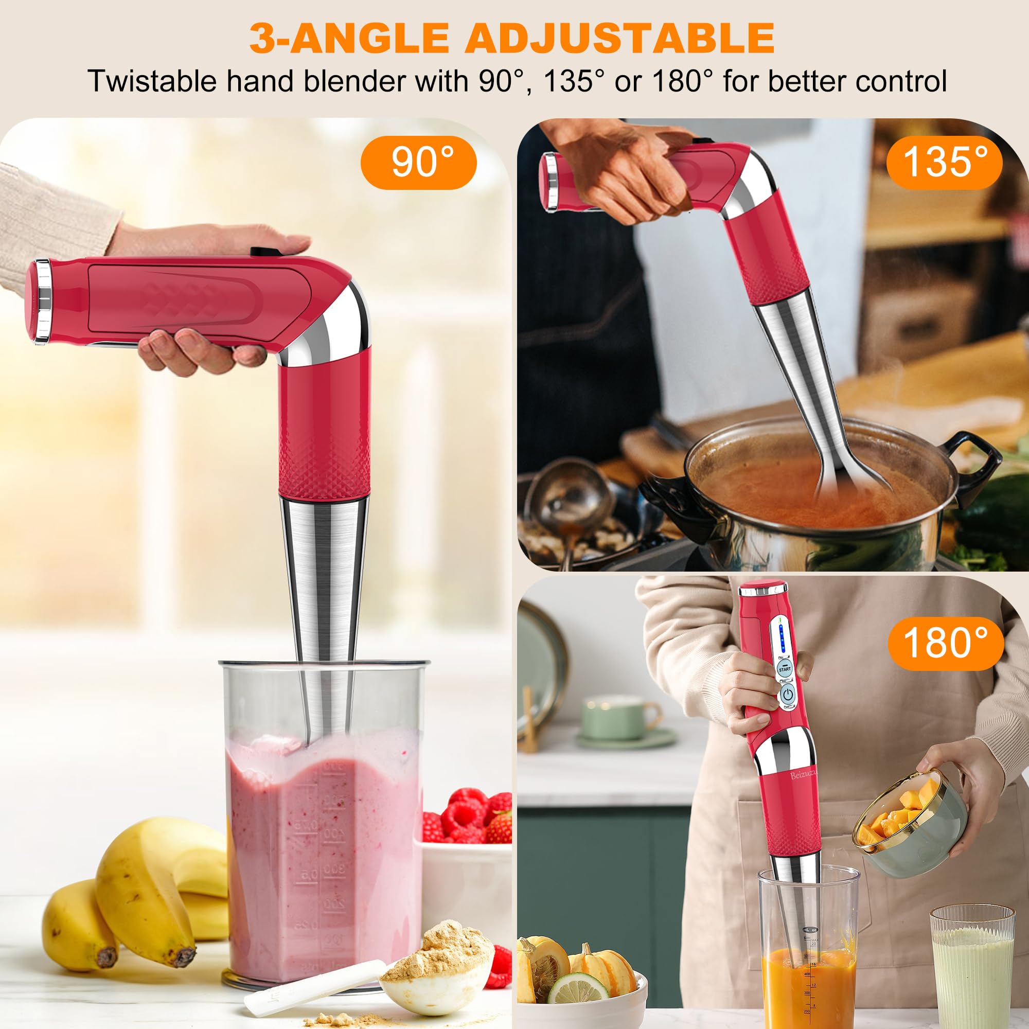 Cordless Hand Blender: Rechargeable Cordless Immersion Blender Handheld, 21-Speed & 3-Angle Adjustable with 304 Stainless Steel Blades for Milkshakes | Smoothies | Soup| Puree | Baby Food (Red)