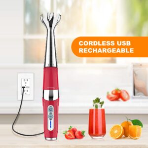 Cordless Hand Blender: Rechargeable Cordless Immersion Blender Handheld, 21-Speed & 3-Angle Adjustable with 304 Stainless Steel Blades for Milkshakes | Smoothies | Soup| Puree | Baby Food (Red)