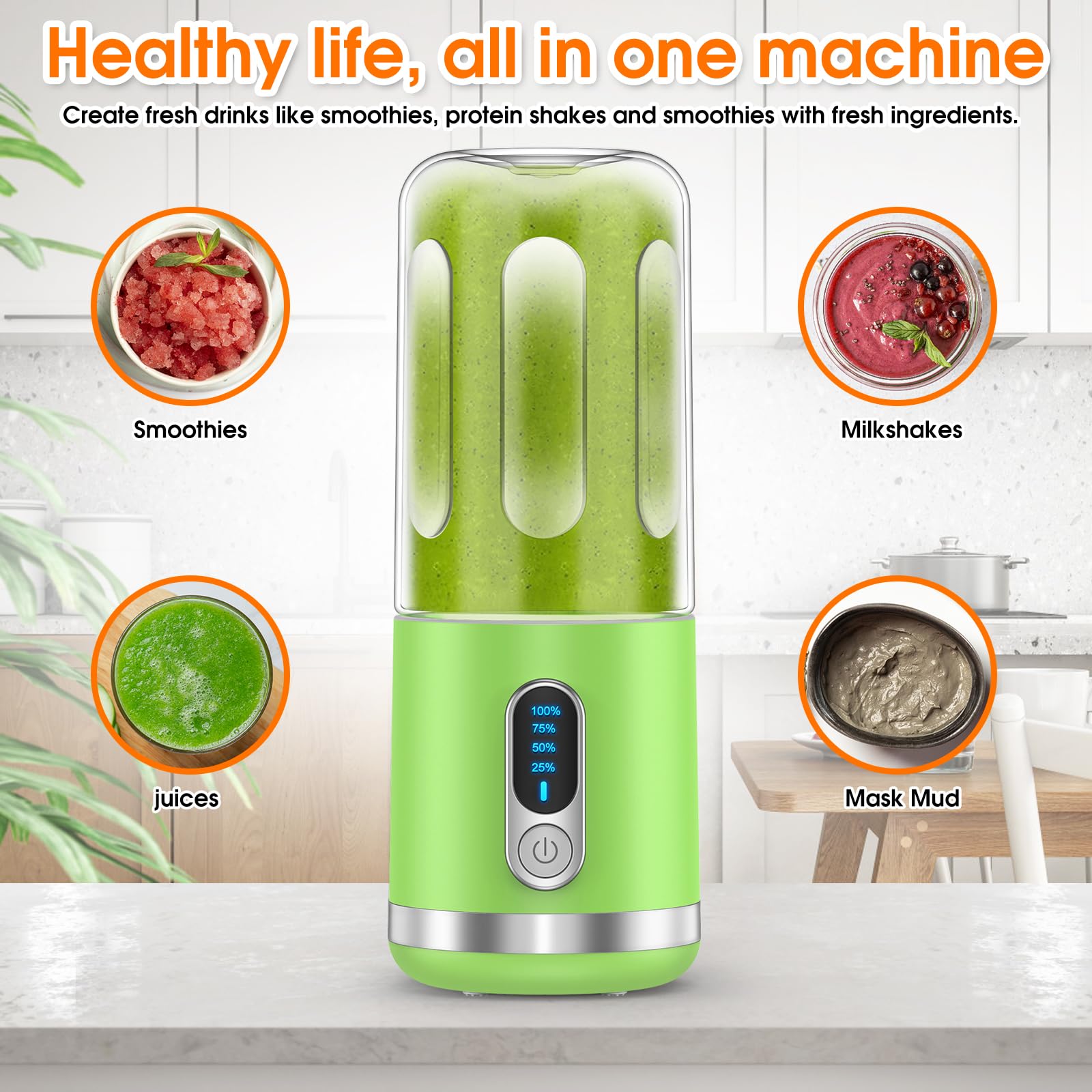 neza Portable Blender, Personal Blender Smoothies and Shakes, Mini Blender with 6 Blades, 15.2 Oz Multifunctional and BPA Free, USB Rchargeable Portable Juicer, With Travel/Gym/Office, Green