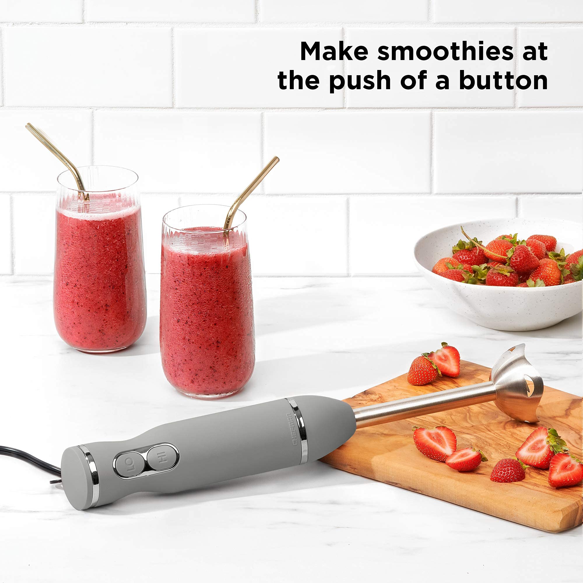 Chefman Immersion Stick Hand Blender with Stainless Steel Blades, Powerful Electric Ice Crushing 2-Speed Control Handheld Food Mixer, Purees, Smoothies, Shakes, Sauces & Soups, Grey