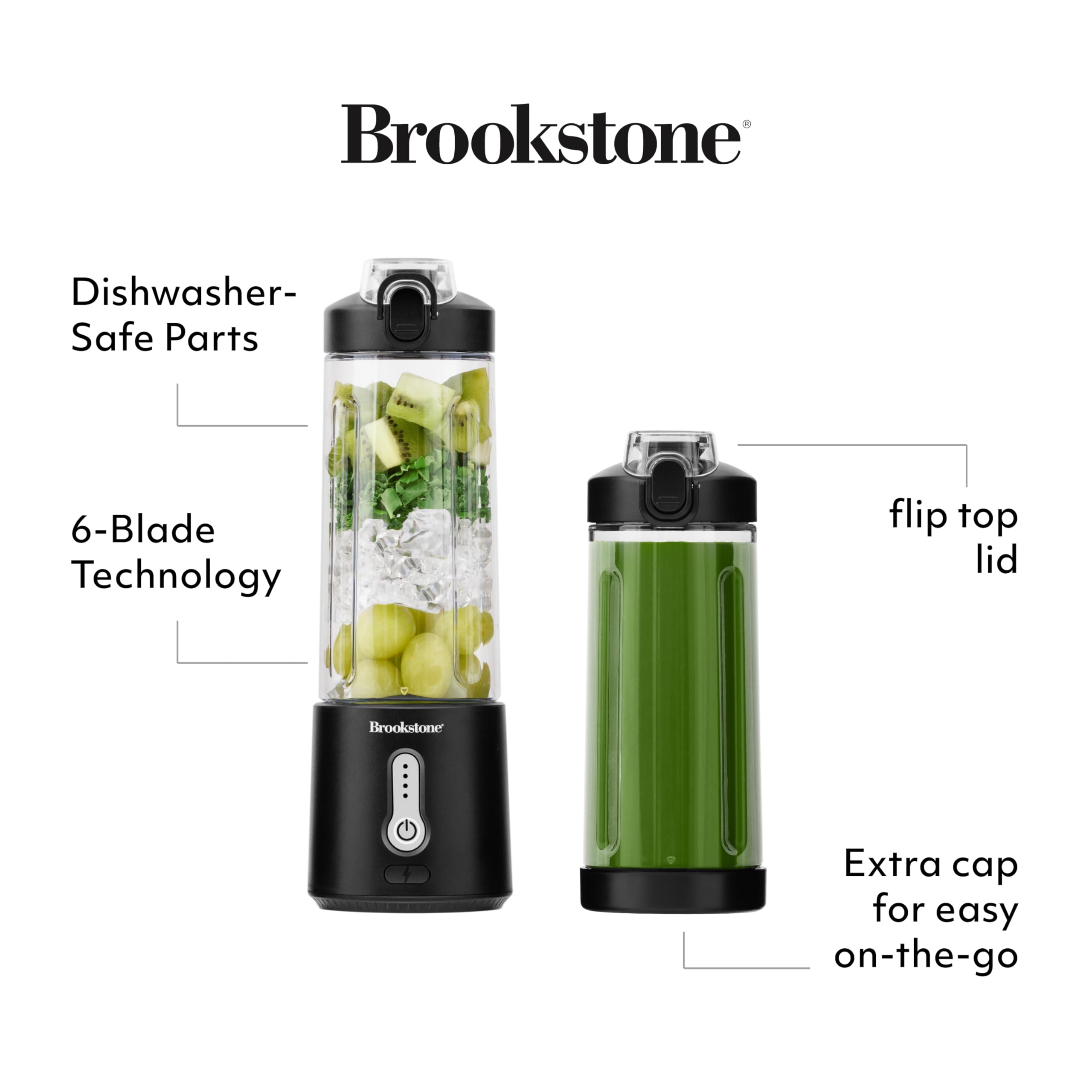 Brookstone 500mL Compact Portable Blender with Additional Lid for On-the-Go Convenience - Personal Blender Perfect for Shakes, Smoothies, Food Prep, and Frozen Blending, BPA-Free (Black)