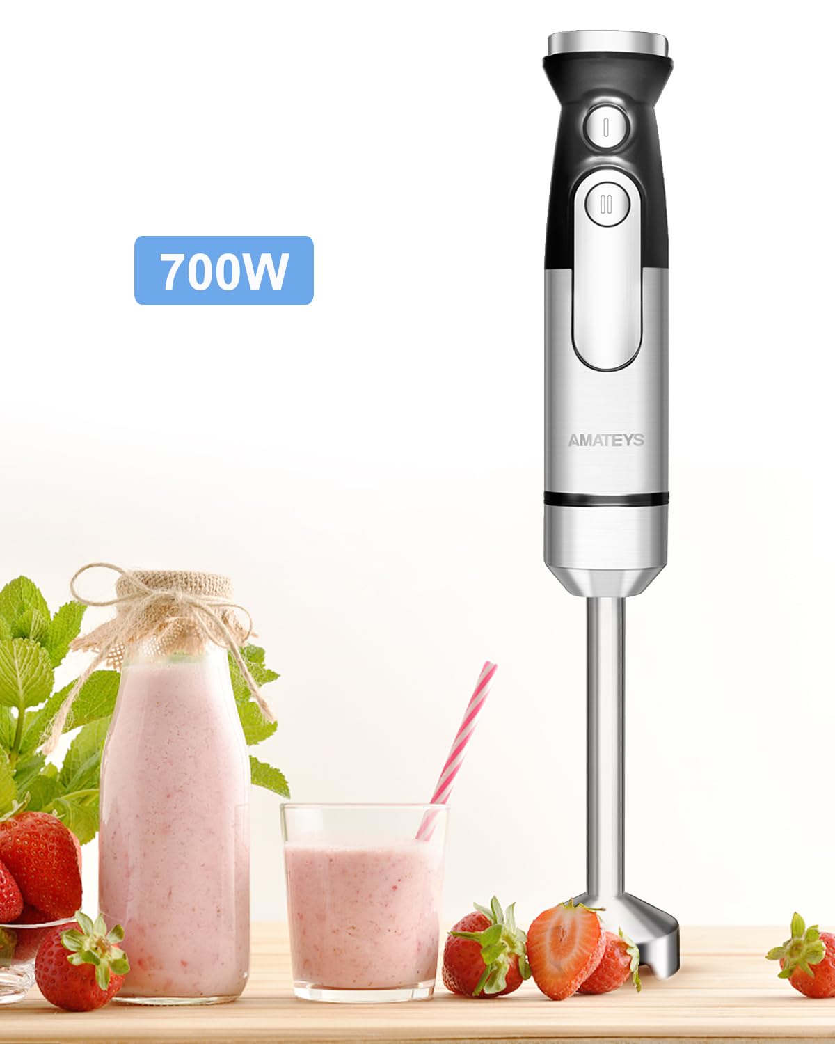 Amateys Immersion Blender,700W Handheld Blender with Heavy Copper Motor,Infinitely Variable Speeds Stick Kitchen Blender,Detachable Stainless Steel Smoothie Blender,for Soup Puree Baby Food Juice