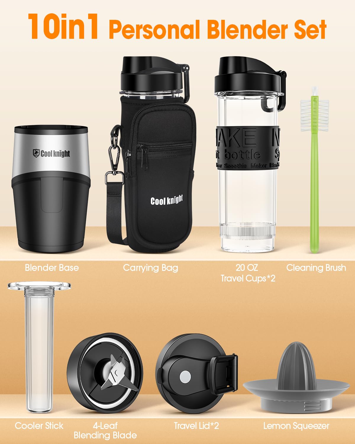 COOL KNIGHT Personal Blender, 500W Portable Blender for Shakes and Smoothies, 10 Pieces Personal Smoothie Blender Set, With 2 * 20 oz Travel Mugs, Carrier Bag, Cooler Stick and Lemon Juicer.BPA Free