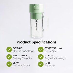 BlendQuik Personal Portable Blender for Smoothies & Shakes, Leakproof & Stylish Design Rechargeable Portable Smoothie Blender On The Go, Mason Jar Blender w/ 10-Blade Blending System 14oz, Light Green