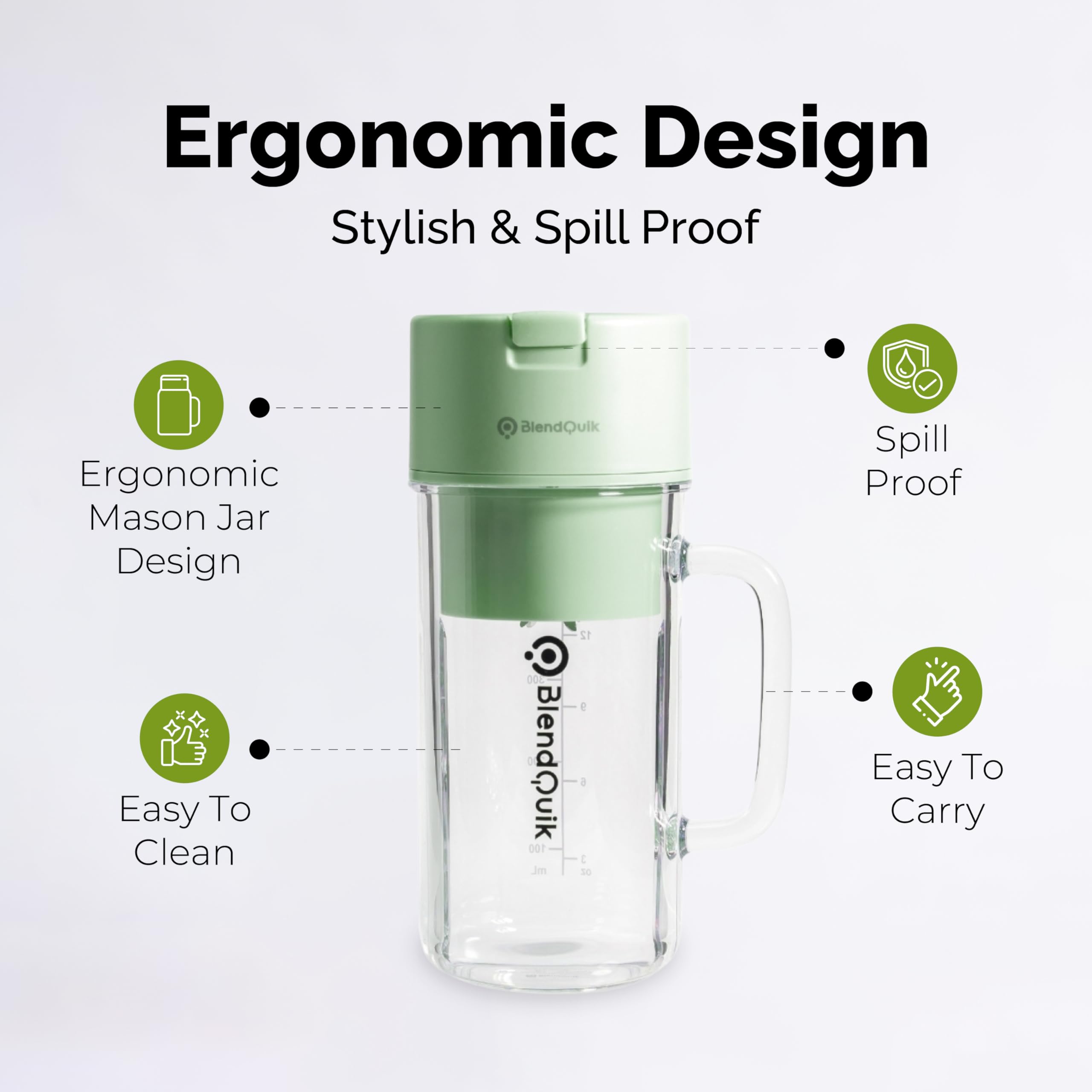 BlendQuik Personal Portable Blender for Smoothies & Shakes, Leakproof & Stylish Design Rechargeable Portable Smoothie Blender On The Go, Mason Jar Blender w/ 10-Blade Blending System 14oz, Light Green