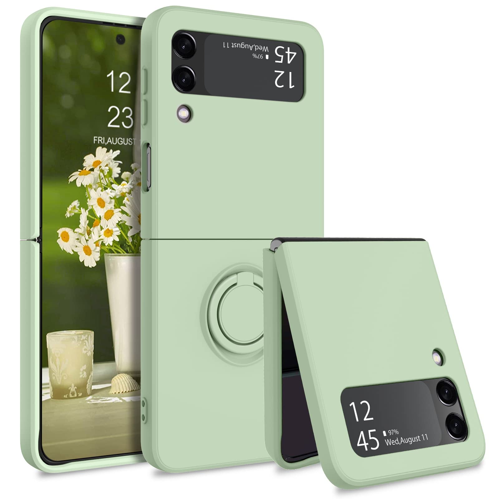 GaoBao for Samsung Galaxy Z Flip 3 5G Case, Galaxy Z Flip 3 5G Cover 6.7'', Silicone Soft Gel Rubber Bumper Shockproof Anti-Scratch Protective Case with Ring for Galaxy Z Flip3 5G 2021, Matcha Green.