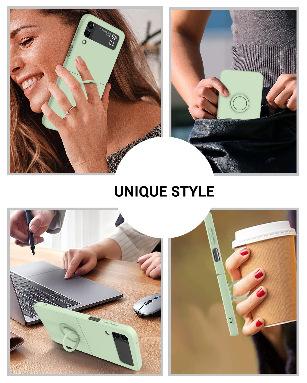 GaoBao for Samsung Galaxy Z Flip 3 5G Case, Galaxy Z Flip 3 5G Cover 6.7'', Silicone Soft Gel Rubber Bumper Shockproof Anti-Scratch Protective Case with Ring for Galaxy Z Flip3 5G 2021, Matcha Green.