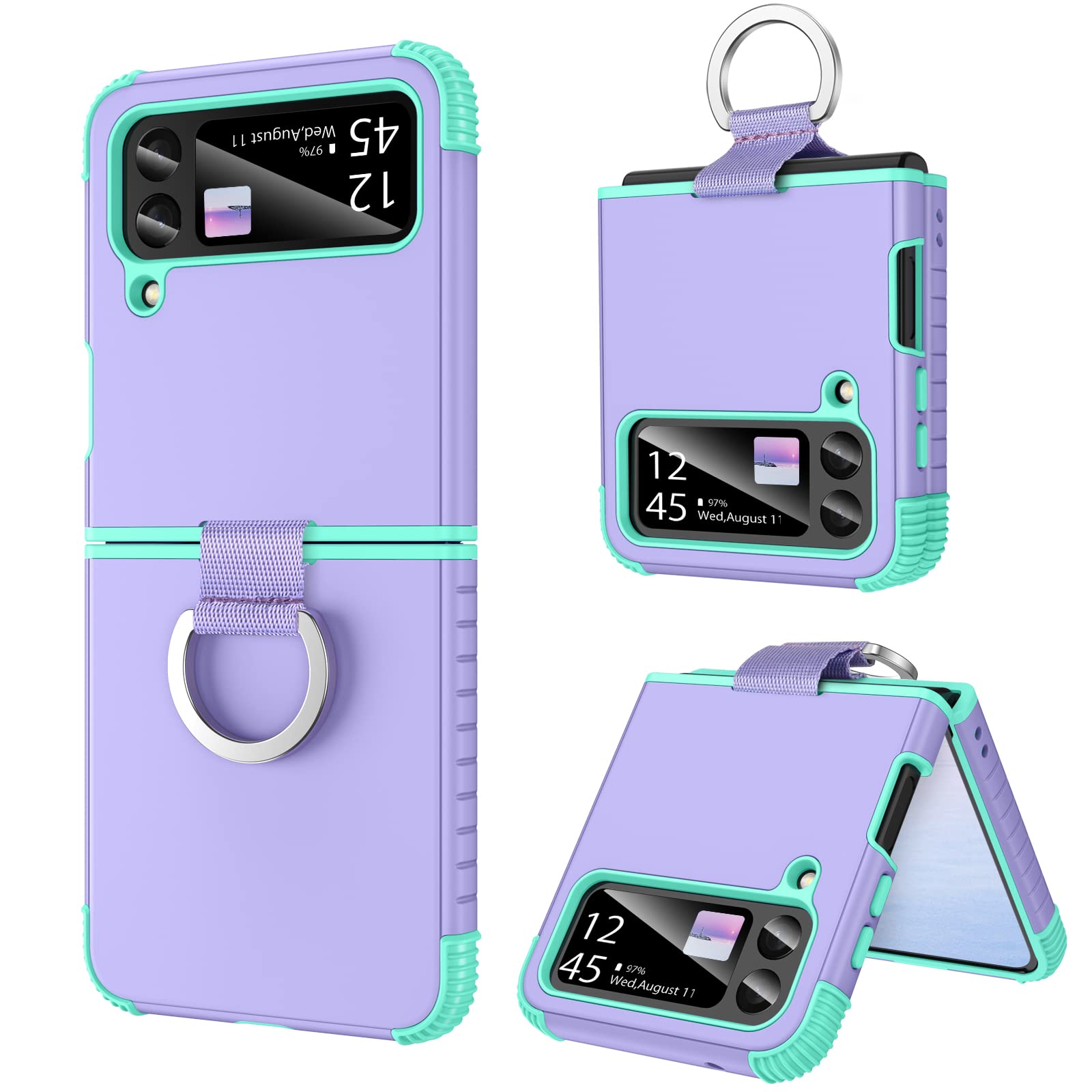 BENTOBEN Samsung Galaxy Z Flip 3 Case 5G Case, Heavy Duty 2 in 1 Full Body Rugged Shockproof Protection Cover with Ring Girls Women Boy Men Covers for Galaxy Z Flip 3 6.7”, Purple/Mint