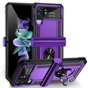 ONOLA for Samsung Galaxy Z Flip 4 Case, Galaxy Z Flip 3 Case with Hinge Protection and 360°Rotate Ring Magnetic Kickstand Heavy Duty Protective Case for Samsung Galaxy Z Flip 3/4 Phone (Purple)