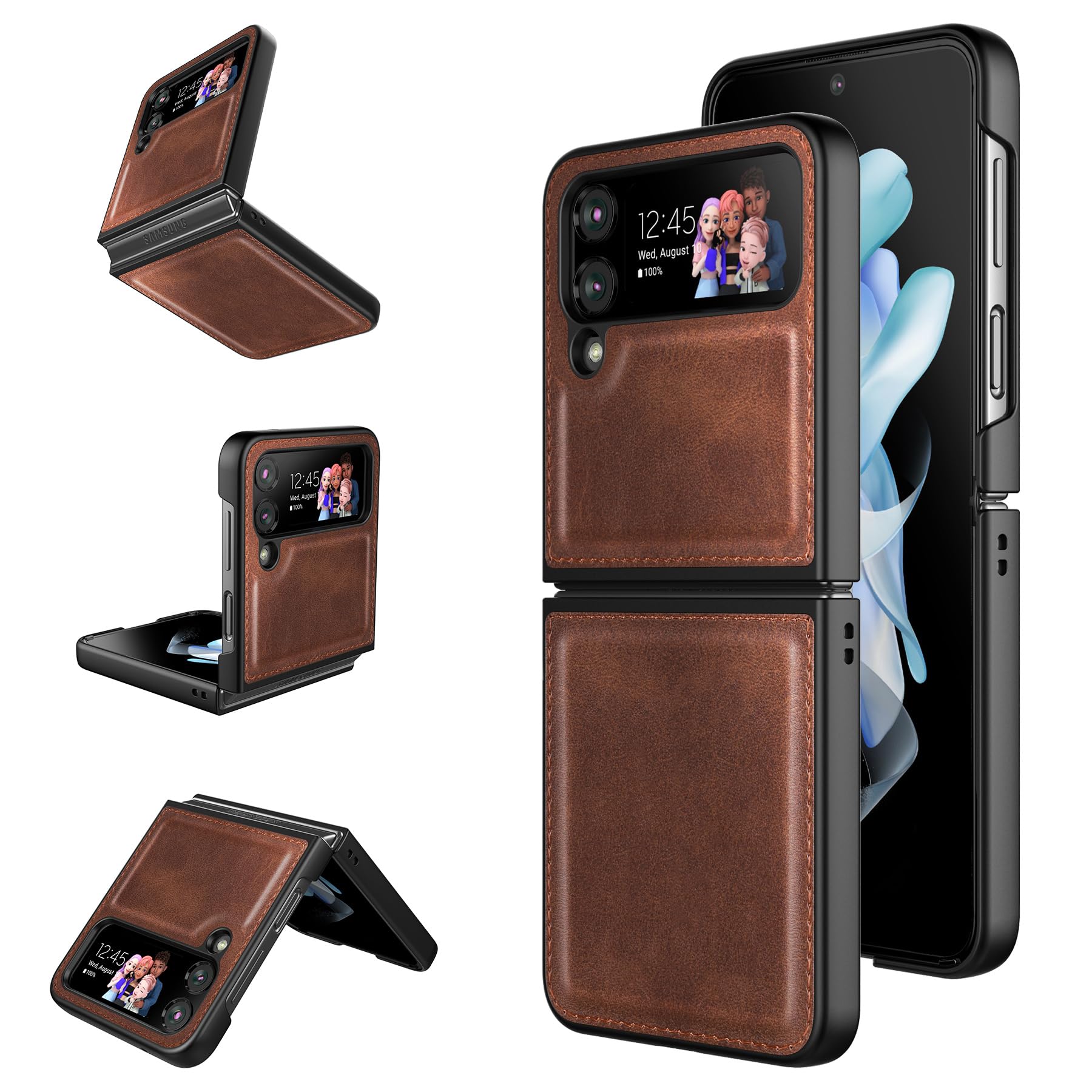 Foluu Case for Samsung Galaxy Z Flip 4 5G 2022, Galaxy Z Flip 4 Leather Case, PU Leather + Hard PC Shell Ultra Thin Slim Durable Protective Phone Case Cover for (Brown)