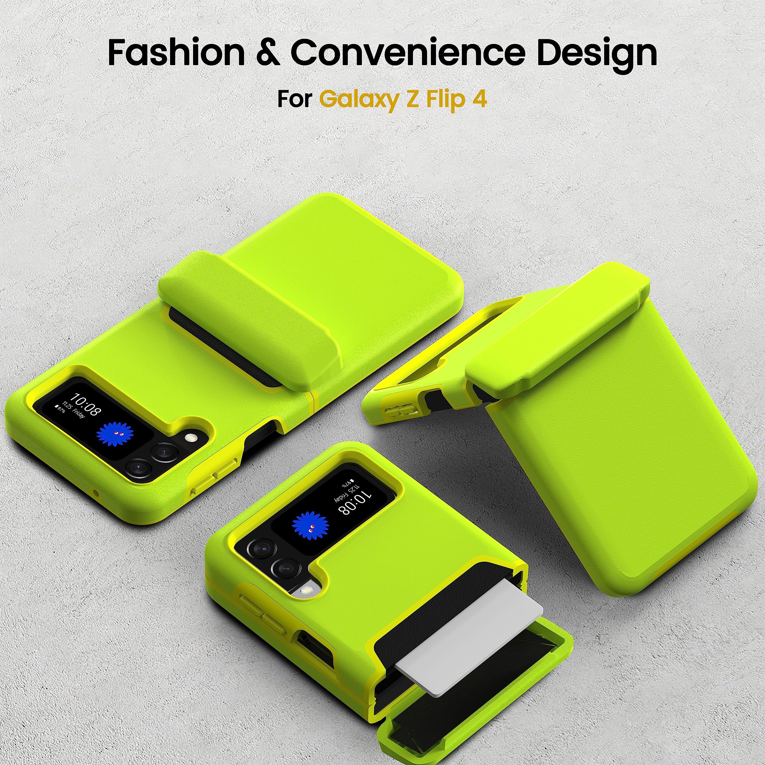 Compatible with Samsung Galaxy Z Flip 4 Case Wallet with Hinge Protection [ Card Slot ] for Galaxy Z Flip 4 5G Case with Card Holder Shockproof Protective TPU Silicone (Neon Green)