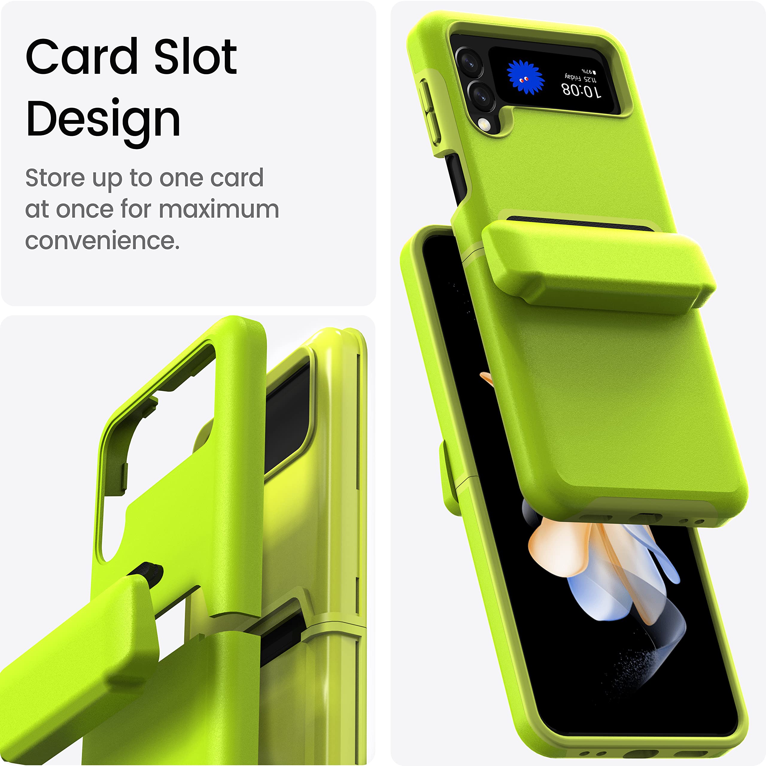 Compatible with Samsung Galaxy Z Flip 4 Case Wallet with Hinge Protection [ Card Slot ] for Galaxy Z Flip 4 5G Case with Card Holder Shockproof Protective TPU Silicone (Neon Green)