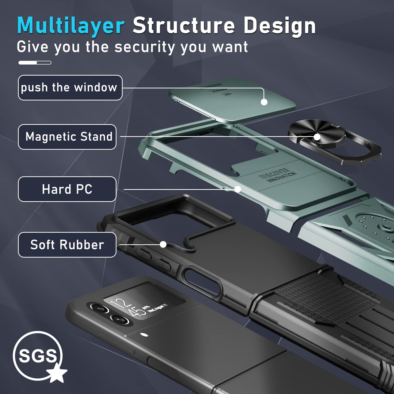 Janmitta Samsung Galaxy Z Flip 4 Case Built in Slide Camera Lens Cover+Hinge Protection+Finger Ring Stable Kickstand, Heavy Duty Shockproof Full Body Protective Phone Cover,2022 Dark Green