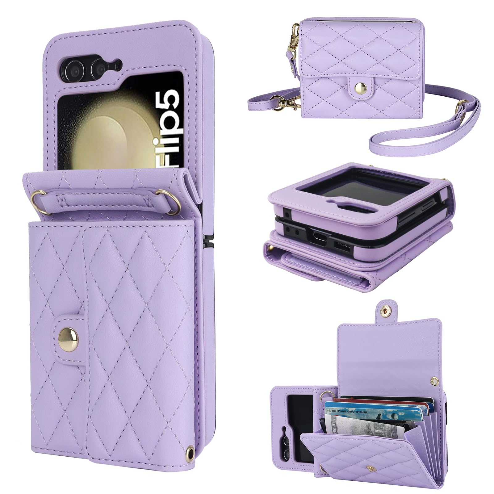 KIHUWEY for Samsung Galaxy Z Flip 5 Wallet Case, Crossbody Purse with Credit Card Slot Holder RFID Blocking PU Leather Adjustable Lanyard Detachable Strap Wrist for Women (Purple)