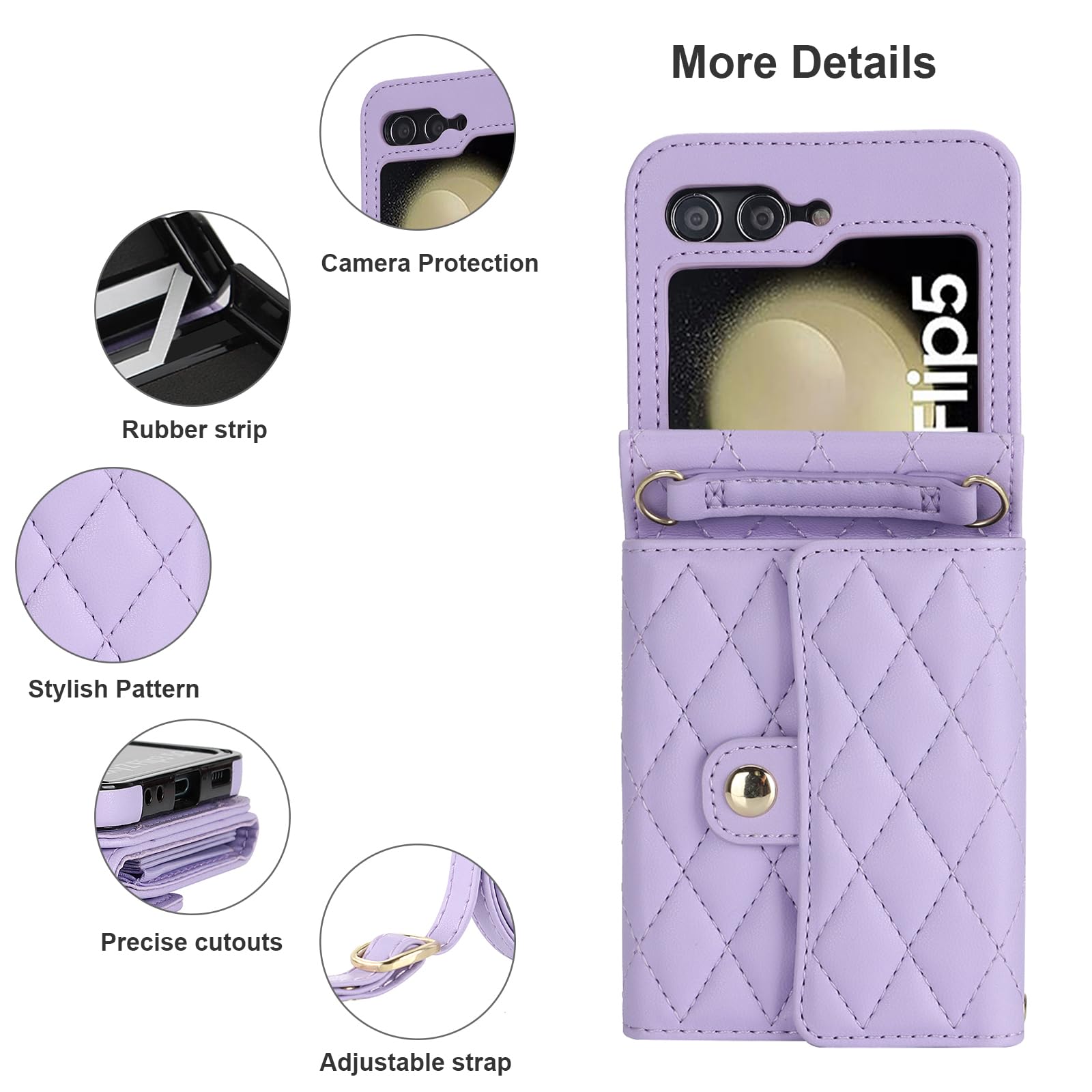 KIHUWEY for Samsung Galaxy Z Flip 5 Wallet Case, Crossbody Purse with Credit Card Slot Holder RFID Blocking PU Leather Adjustable Lanyard Detachable Strap Wrist for Women (Purple)