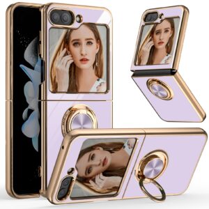 jasmeas for galaxy z flip 5 case for women girl, luxury soft back cover with ring holder plating rose gold edge 360° kickstand slim flexible phone case for samsung galaxy z flip5 (2023), purple