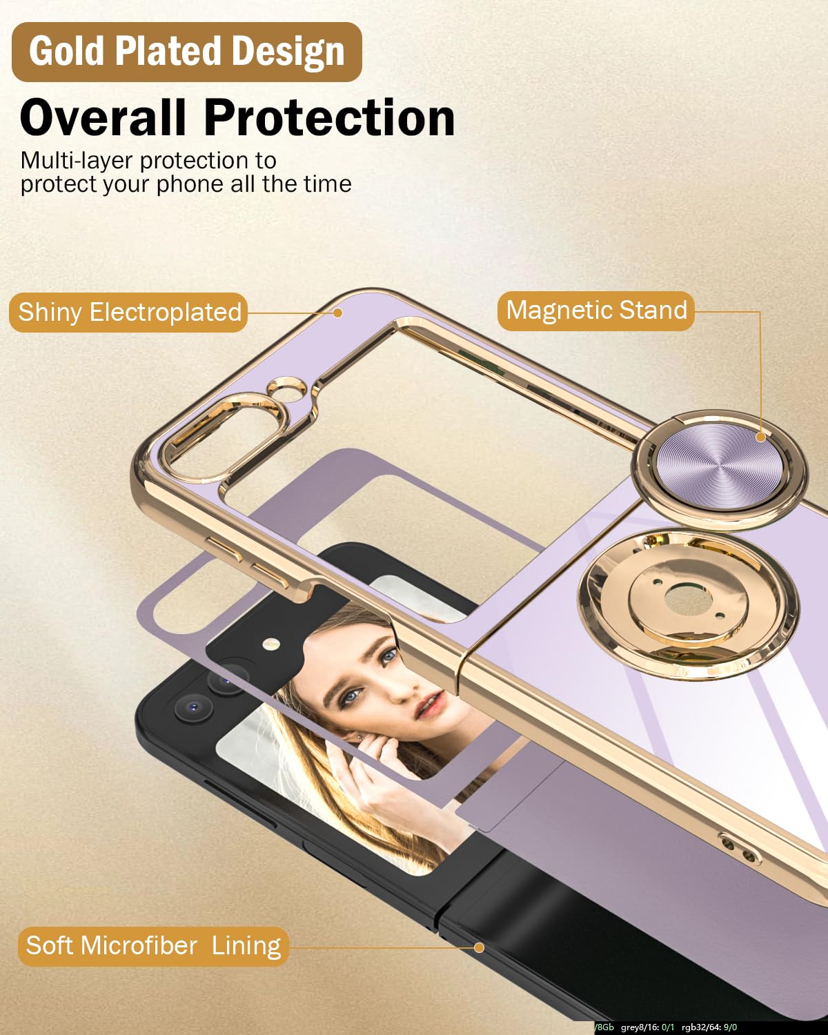 Jasmeas for Galaxy Z Flip 5 Case for Women Girl, Luxury Soft Back Cover with Ring Holder Plating Rose Gold Edge 360° Kickstand Slim Flexible Phone Case for Samsung Galaxy Z Flip5 (2023), Purple