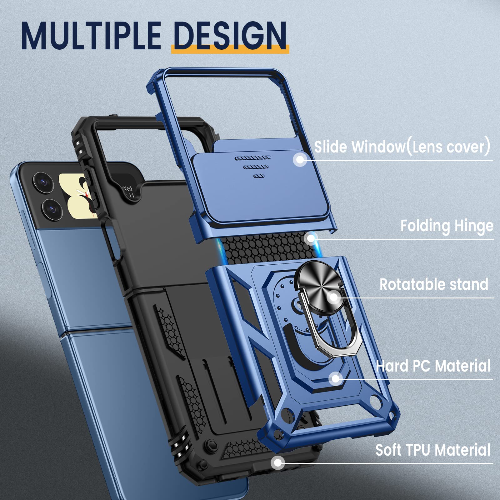 Goton for Samsung Z Flip 4 Case, Galaxy Z Flip 4 Case with Camera Cover, [Hinge Protection] & 360° Kickstand Ring Military Grade Shockproof Cover for Samsung Z Flip 4 case 2022 Blue