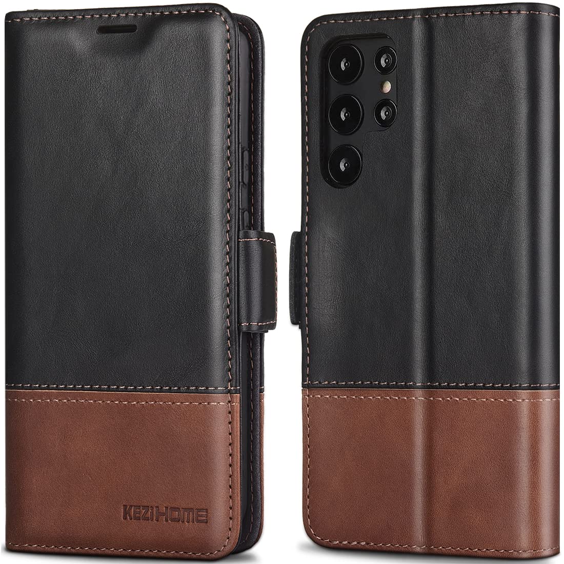 KEZiHOME Galaxy S22 Ultra Case, Genuine Leather [RFID Blocking] Wallet Case Card Slot Flip Magnetic Stand Phone Cover Compatible with Samsung Galaxy S22 Ultra (2022) (Black/Brown)