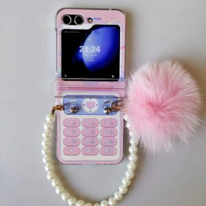 GO-VOLMON Cute Case for Galaxy Z Flip 5 for Grils, Pearl Strap Case for Z Flip 5 with Fluffy Pompon, Woman Wristband Case for Galaxy Z Flip 5 with Pink Phone Print and Furry Ball