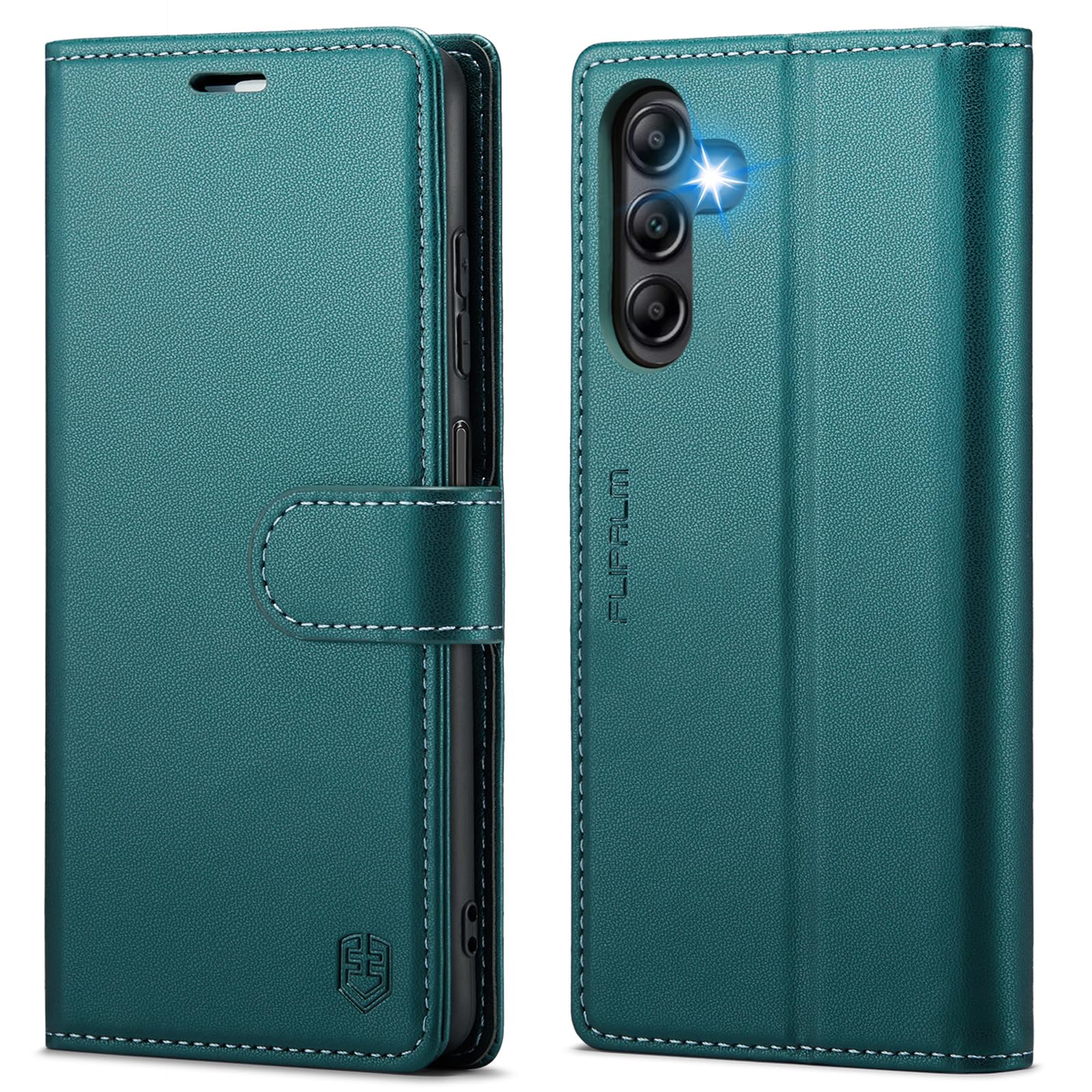 FLIPALM for Samsung Galaxy A14 5G Wallet Case with RFID Blocking Credit Card Holder, PU Leather Folio Flip Kickstand Protective Shockproof Cover Women Men for Samsung A14 Phone case(Blue-Green)