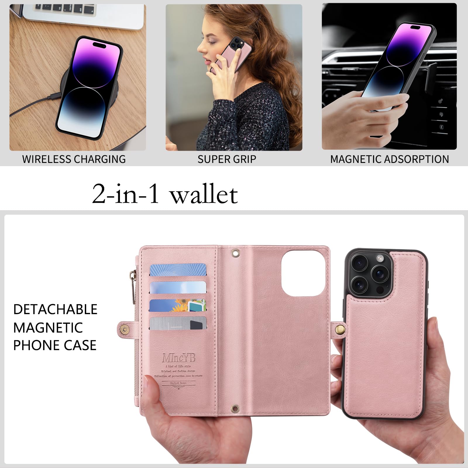 MInCYB for iPhone 15 Plus Wallet Case with Card Holder (12 Card Slots) - PU Leather Case for Women & Men, Wireless Charging, Detachable Magnetic, Crossbody Strap, Shockproof Protective Phone Cover.