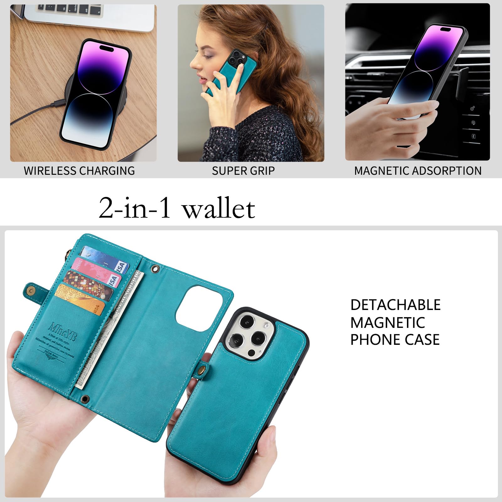 MInCYB for iPhone 15 Pro Max Wallet Case with Card Holder (12 Card Slots) - PU Leather Case for Women & Men, Wireless Charging, Detachable Magnetic, Crossbody Strap, Shockproof Protective Phone Cover.